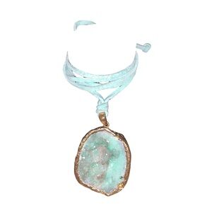 Torquiest Blue & Gold Healing Crystal Blue Leather Wrap Around BowTie Necklace